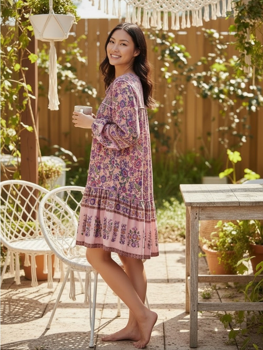 Umgee Lavender Floral Boho Tie-Neck Dress - Picture 3 of 16